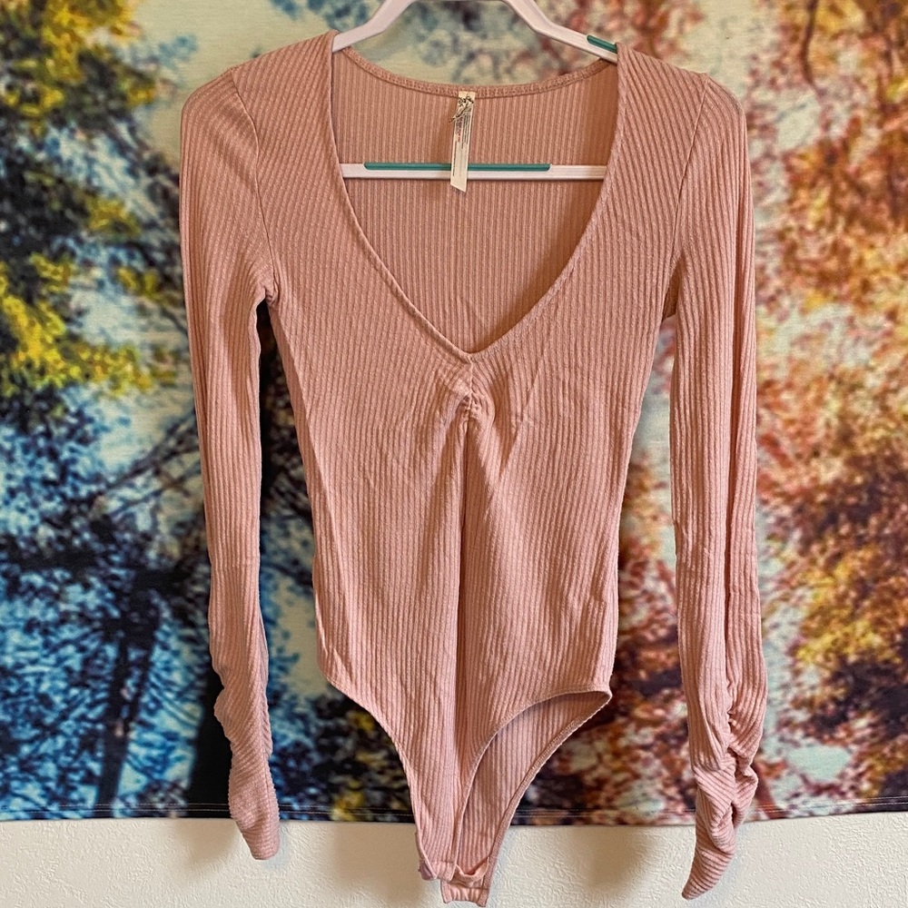 Free People Blush Ribbed Long Sleeve Bodysuit